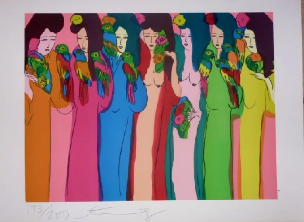 Litografía Ting - Geishas et perroquets