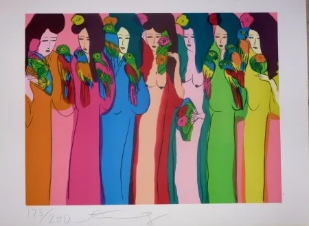 Litografía Ting - Geishas et perroquets