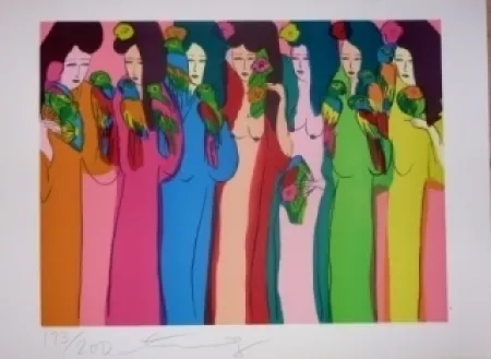 Litografía Ting - Geishas et perroquets