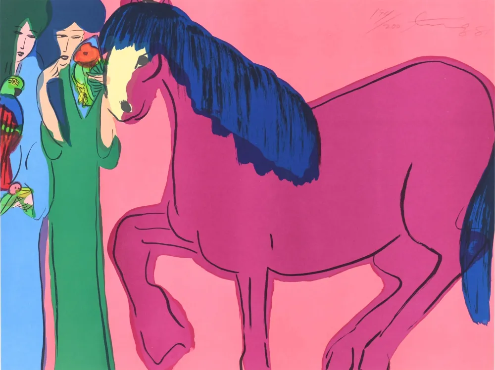 Litografía Ting - Two Geishas with a red Horse