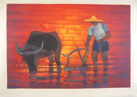 Litografía Toffoli - Labourage (Paysan tonquinois)