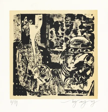 Litografía Tongzhengang - Femme à l'éventail