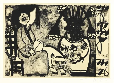 Litografía Tongzhengang - Femme au chat et  a l'éventail