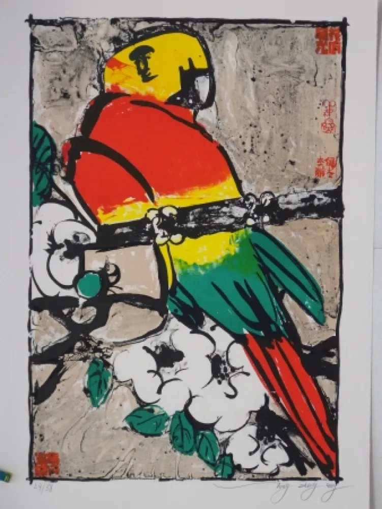 Litografía Tongzhengang - Perroquet fond beige