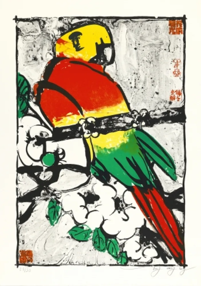 Litografía Tongzhengang - Perroquet fond blanc