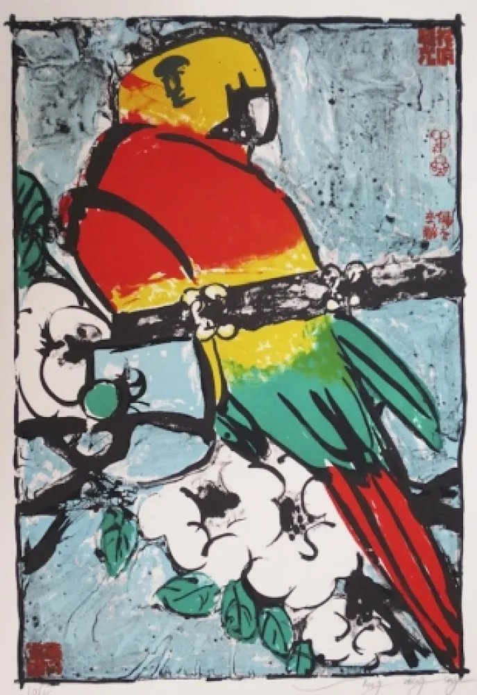 Litografía Tongzhengang - Perroquet fond bleu 