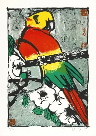 Litografía Tongzhengang - Perroquet  fond gris bleu