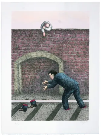 Litografía Topor - Gare de Mâcon, Mouroux eut les jambes coupées en deux par une machine. 