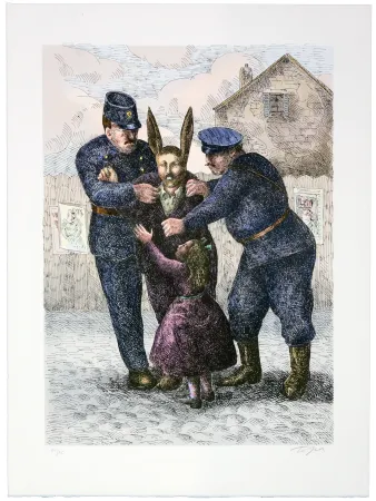 Litografía Topor - Le lapin de Montmartre (Lucien Undreiner) est arrêté. On le soupçonne d'un cambriolage (Asnières) et d'un meutre (Courbevoie)