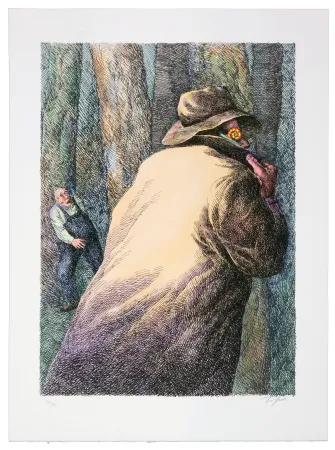 Litografía Topor - Le sombre rôdeur aperçu par le mécanicien Gicquel, près de la gare d'Herblay, est retrouvé : Jules Ménard, ramasseur d'escargots