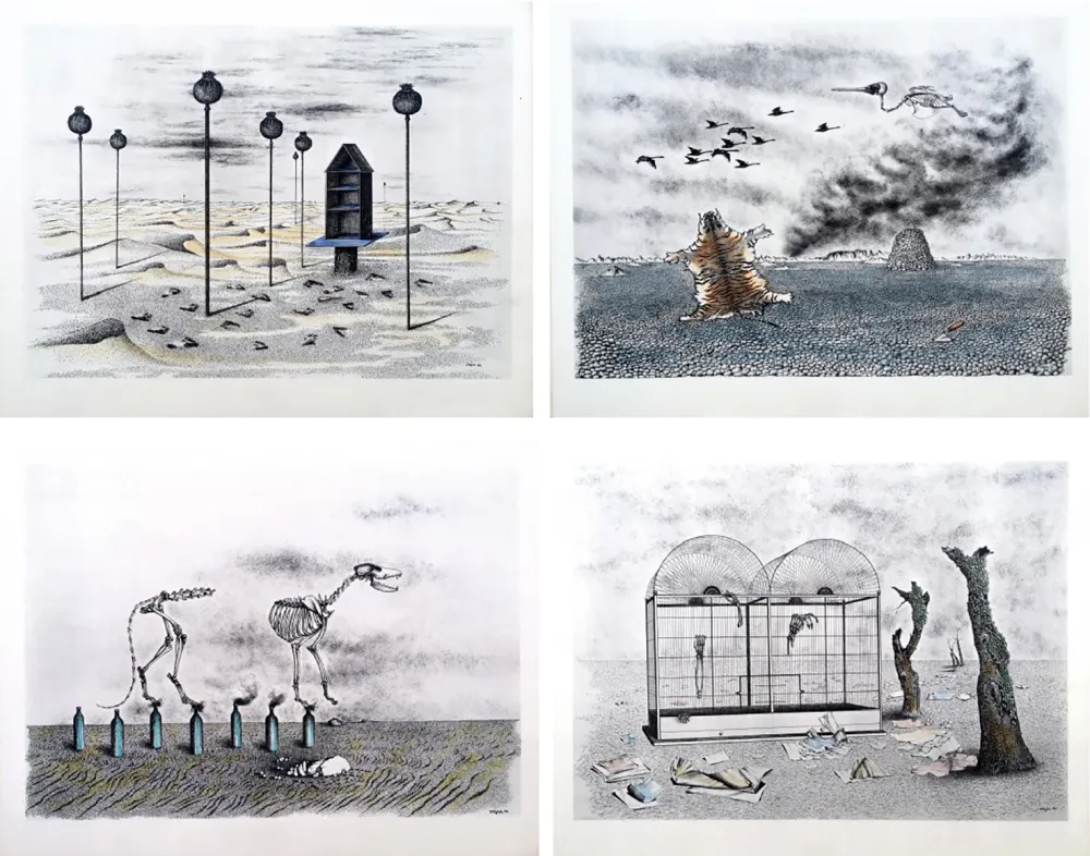 Libro Ilustrado Toyen - Jindrich Heisler : CACHE-TOI GUERRE ! Cycle de Neuf Dessins. 1944. Ex. aquarellé.