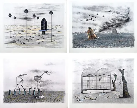 Libro Ilustrado Toyen - Jindrich Heisler : CACHE-TOI GUERRE ! Cycle de Neuf Dessins. 1944. Ex. aquarellé.