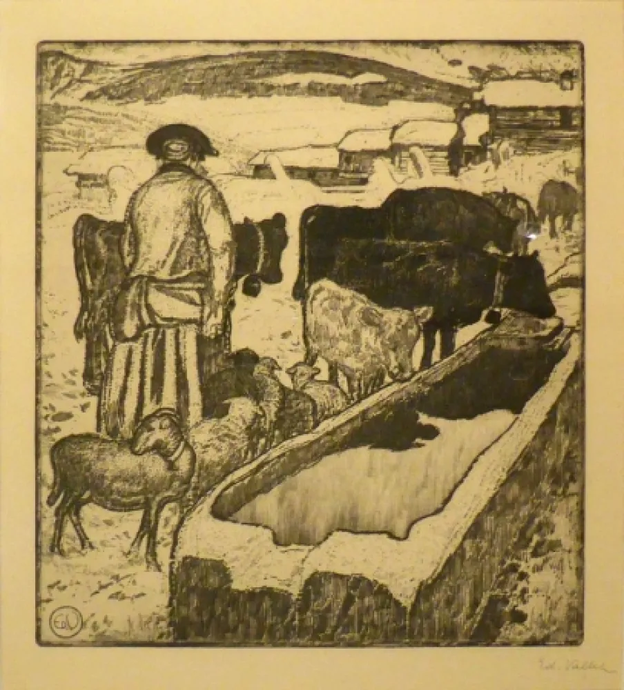Aguafuerte Y Aguatinta Vallet - Le troupeau à l'abreuvoir / Die Herde an der Tränke
