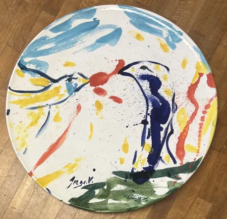 Cerámica Vandercam - Grand plat en terre cuite vernissée Les oiseaux 84 cm San Giorgio Albisola