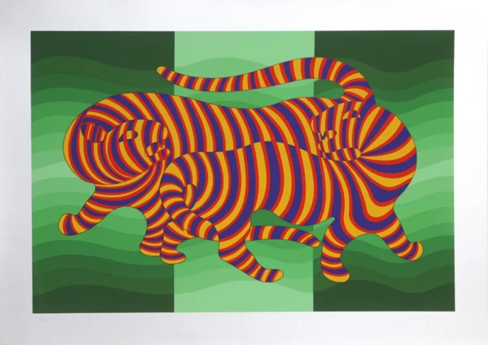 Serigrafía Vasarely - Two Tigers on Green