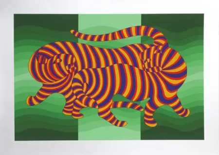 Serigrafía Vasarely - Two Tigers on Green
