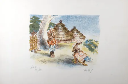 Litografía Villeboeuf  - Deux femmes africaines au village, c.1970, Hand-signed!