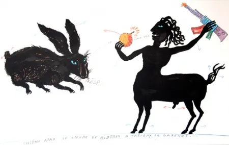 Litografía Waydelich - Chiron atak le lièvre