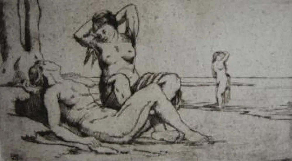 Grabado Wilm - Badende Frauen / Bathing Women