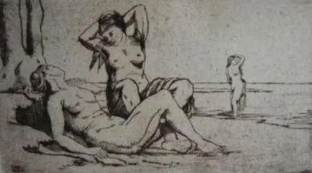 Grabado Wilm - Badende Frauen / Bathing Women