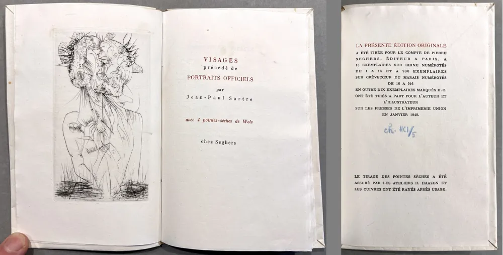 Libro Ilustrado Wols - Sartre. VISAGES. 4 pointes-sèches de Wols. 1 des 15 ex. sur Chine (1948)